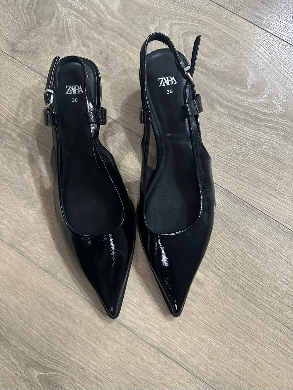 ZARA Black Patent Pointed Slingback Mules